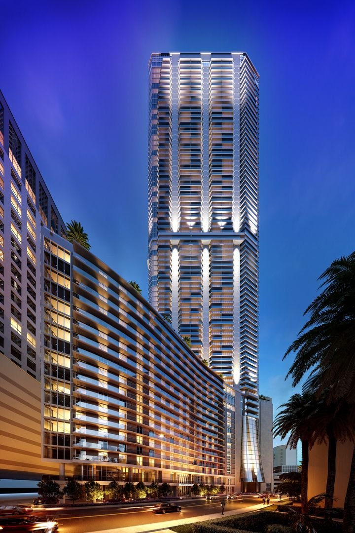 High-rise residential tower at dusk
